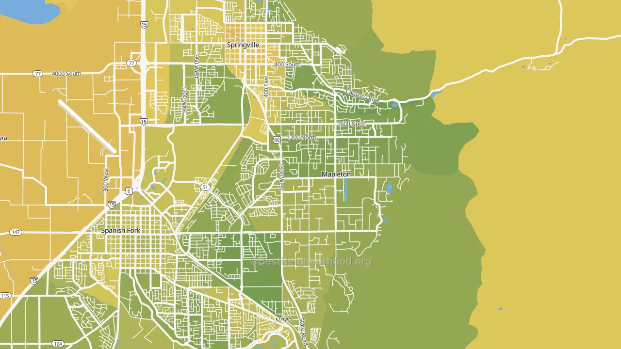 Map of the best neighborhoods in the Mapleton area, with better matches in green and worse matches in red