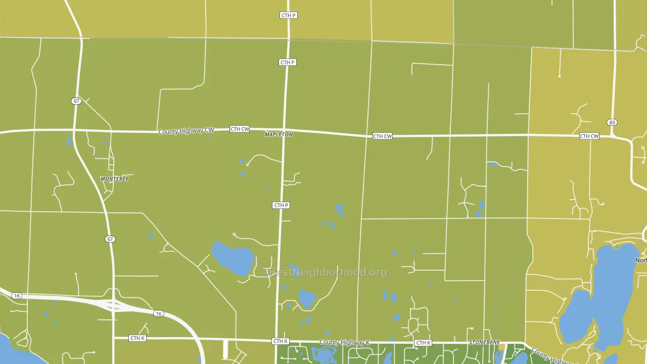 Map of the best neighborhoods in the Mapleton area, with better matches in green and worse matches in red
