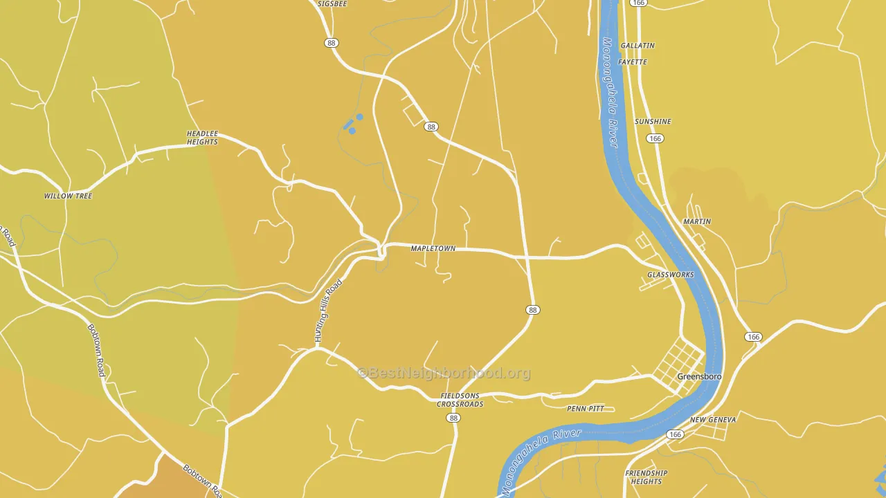Map of the best neighborhoods in the Mapletown area, with better matches in green and worse matches in red