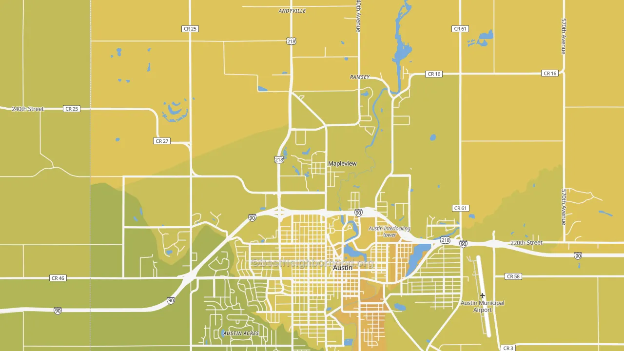 Map of the best neighborhoods in the Mapleview area, with better matches in green and worse matches in red