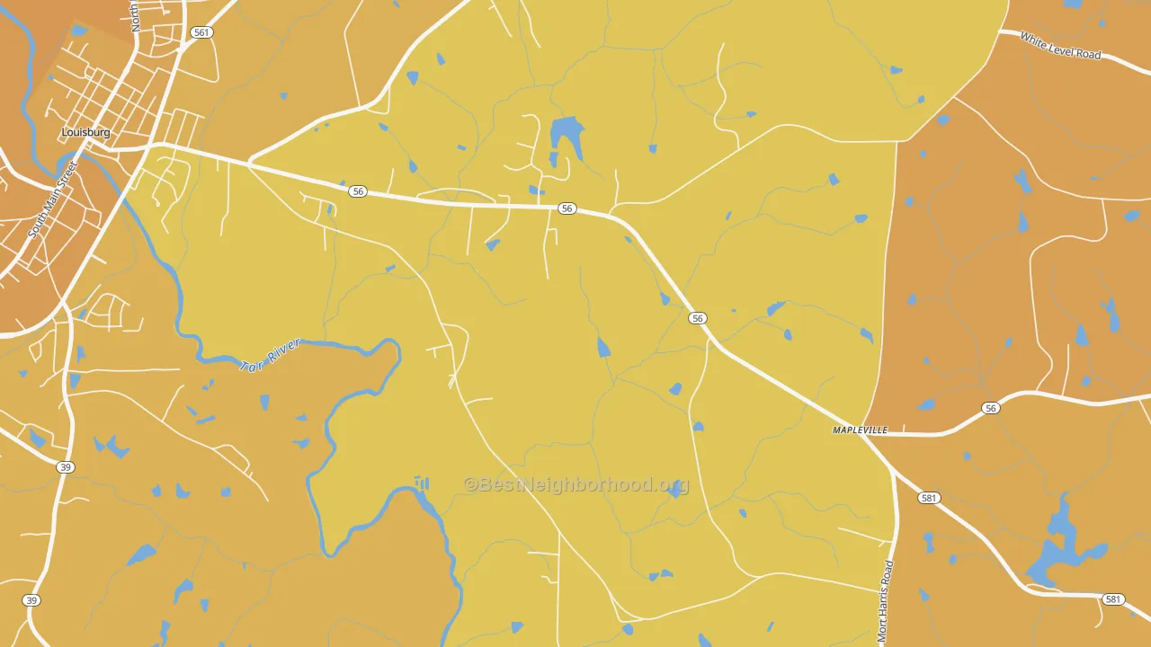 Map of the best neighborhoods in the Mapleville area, with better matches in green and worse matches in red