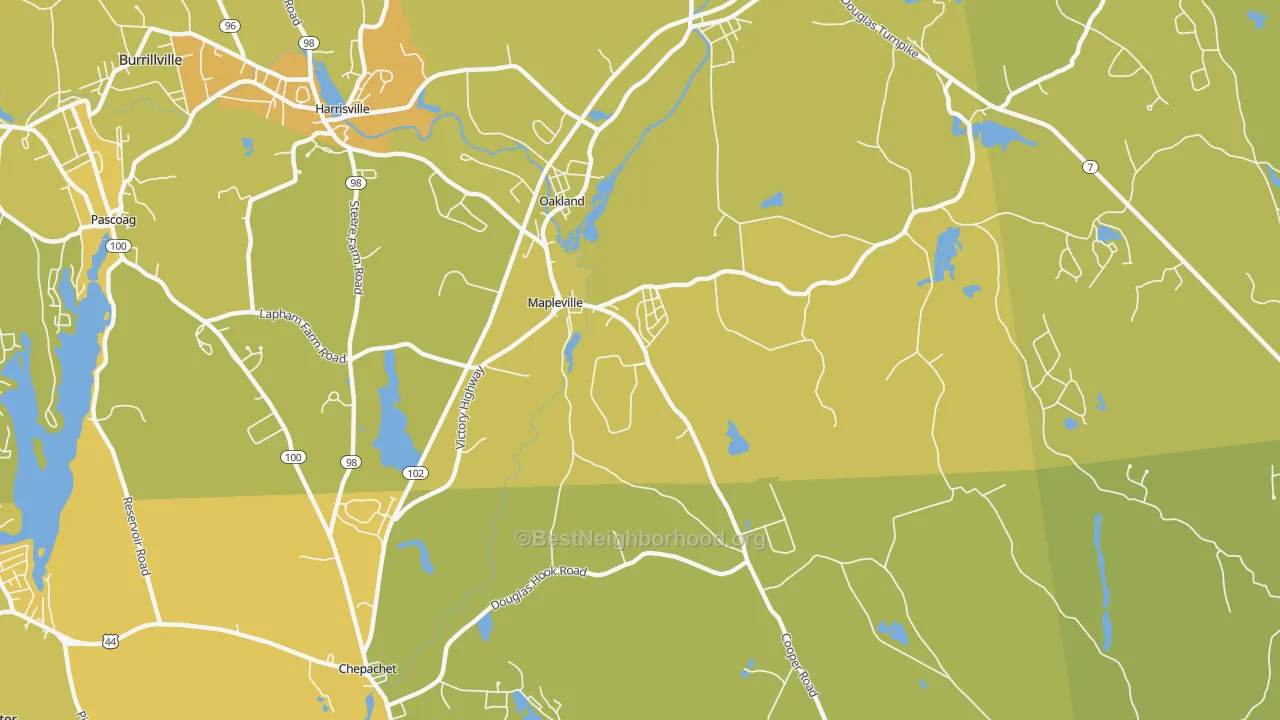 Map of the best neighborhoods in the Mapleville area, with better matches in green and worse matches in red