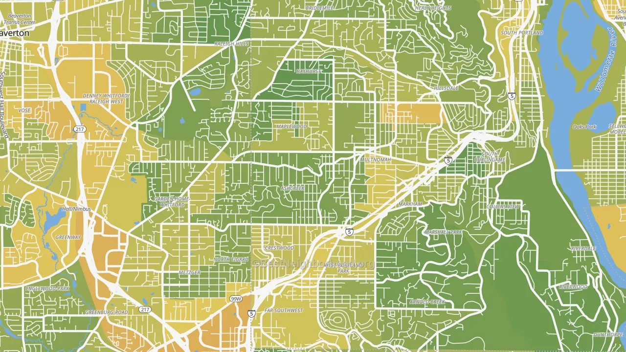 Map of the best neighborhoods in the Maplewood-Ashcreek, Portland area, with better matches in green and worse matches in red