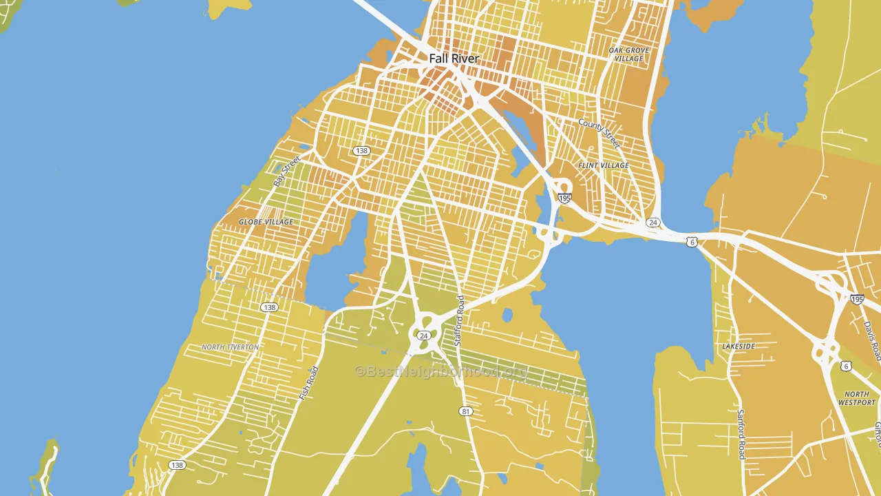 Map of the best neighborhoods in the Maplewood, Fall River area, with better matches in green and worse matches in red