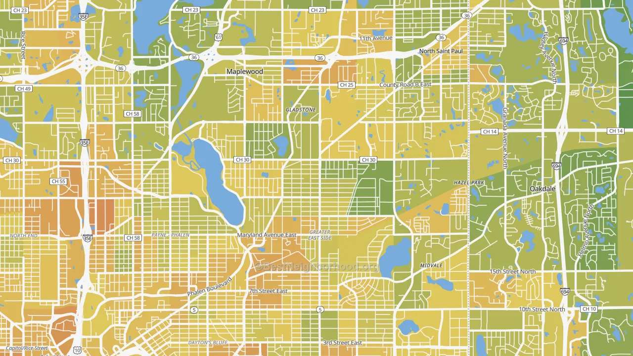 Map of the best neighborhoods in the Maplewood area, with better matches in green and worse matches in red