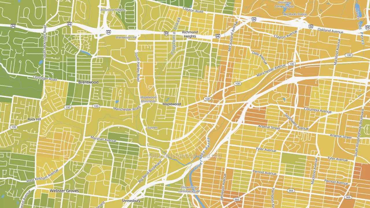 Map of the best neighborhoods in the Maplewood area, with better matches in green and worse matches in red