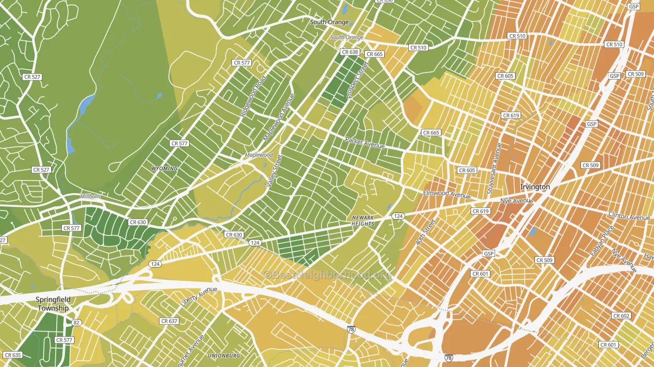 Map of the best neighborhoods in the Maplewood area, with better matches in green and worse matches in red