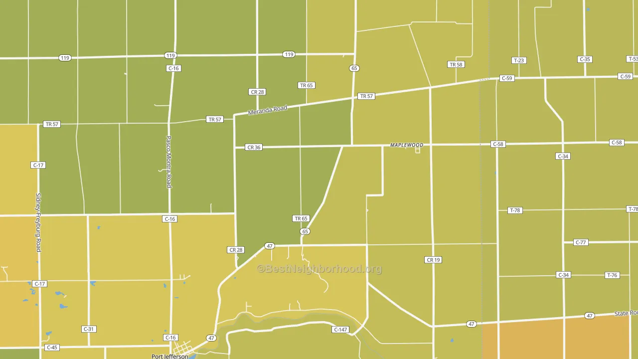 Map of the best neighborhoods in the Maplewood area, with better matches in green and worse matches in red