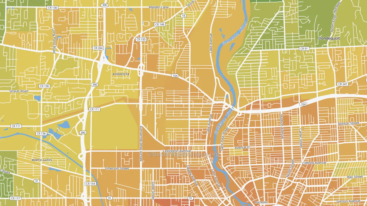 Map of the best neighborhoods in the Maplewood, Rochester area, with better matches in green and worse matches in red