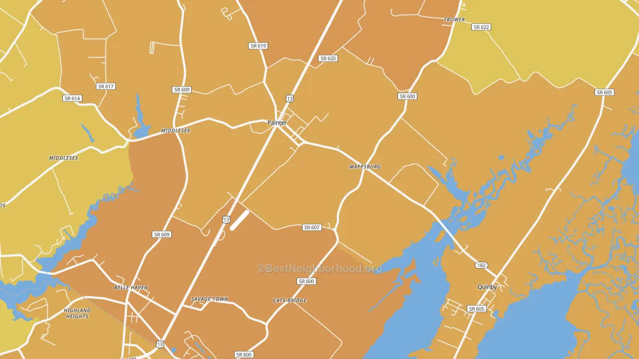 Map of the best neighborhoods in the Mappsburg area, with better matches in green and worse matches in red