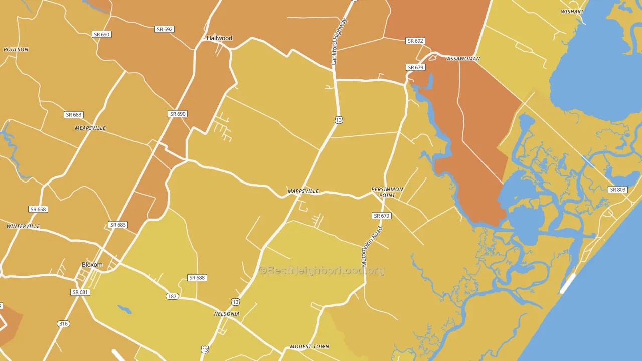 Map of the best neighborhoods in the Mappsville area, with better matches in green and worse matches in red