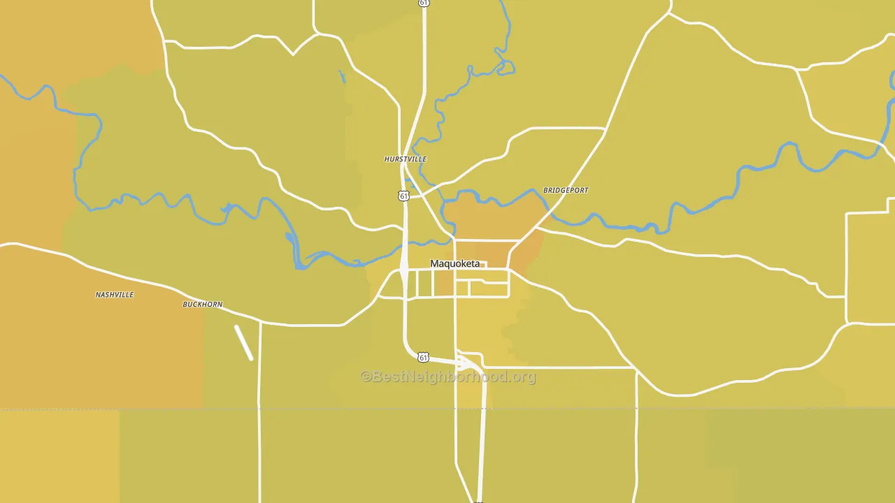 Map of the best neighborhoods in the Maquoketa area, with better matches in green and worse matches in red