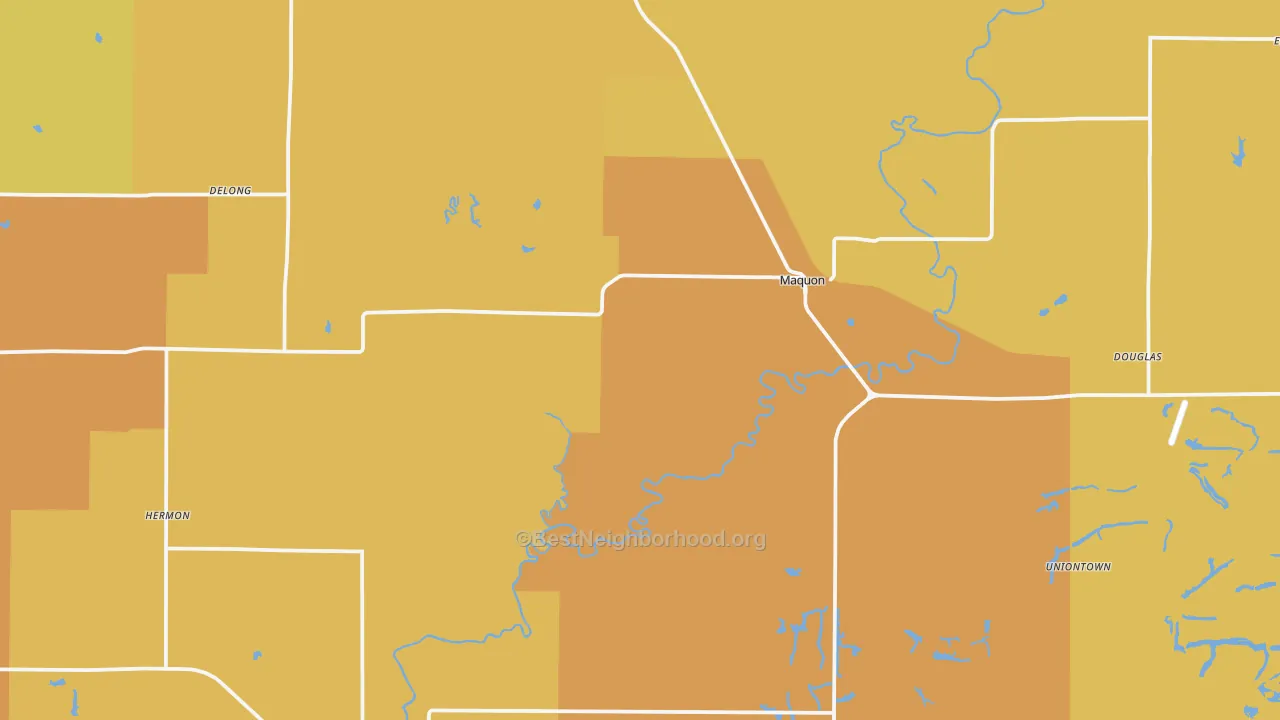 Map of the best neighborhoods in the Maquon area, with better matches in green and worse matches in red