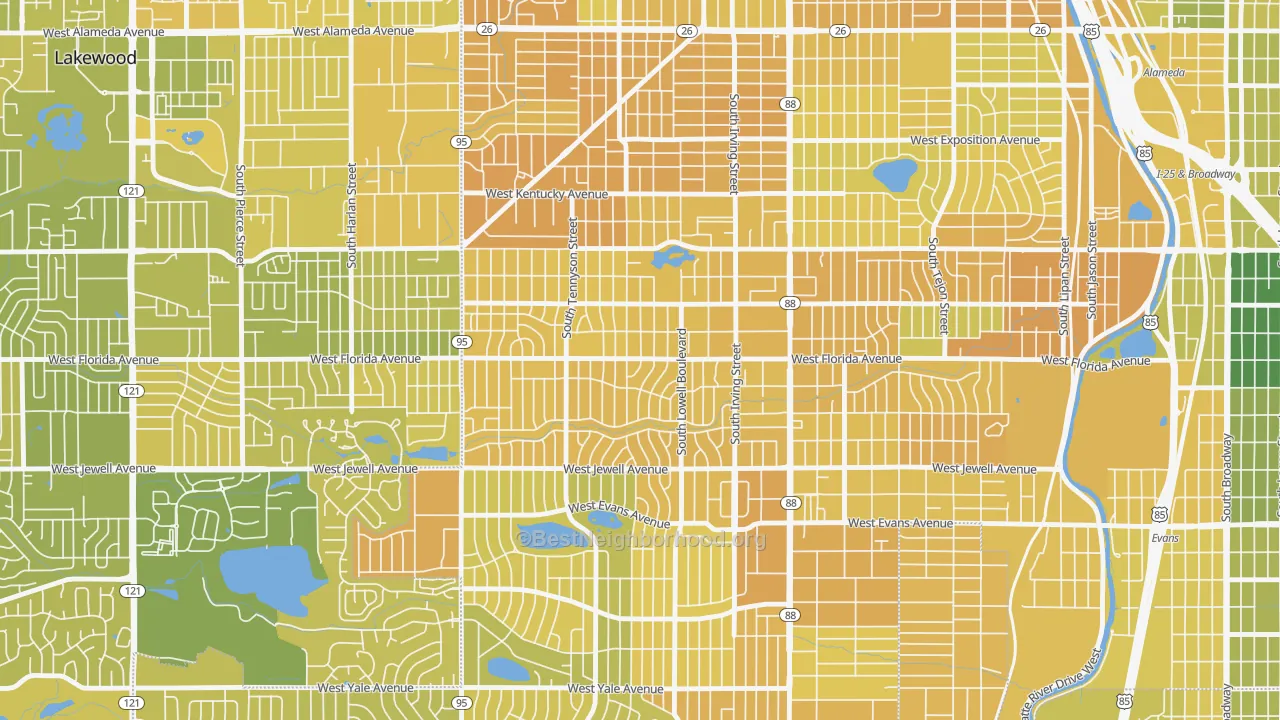 Map of the best neighborhoods in the Mar Lee, Denver area, with better matches in green and worse matches in red