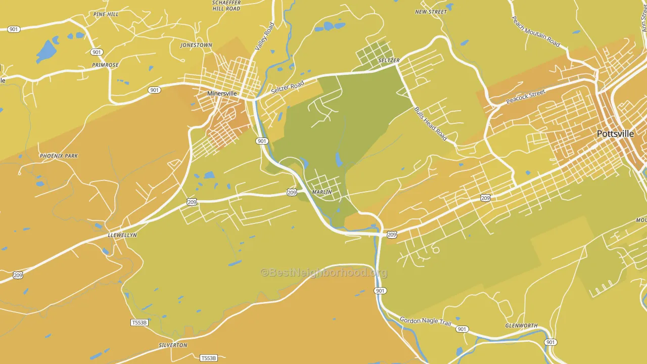 Map of the best neighborhoods in the Mar Lin area, with better matches in green and worse matches in red