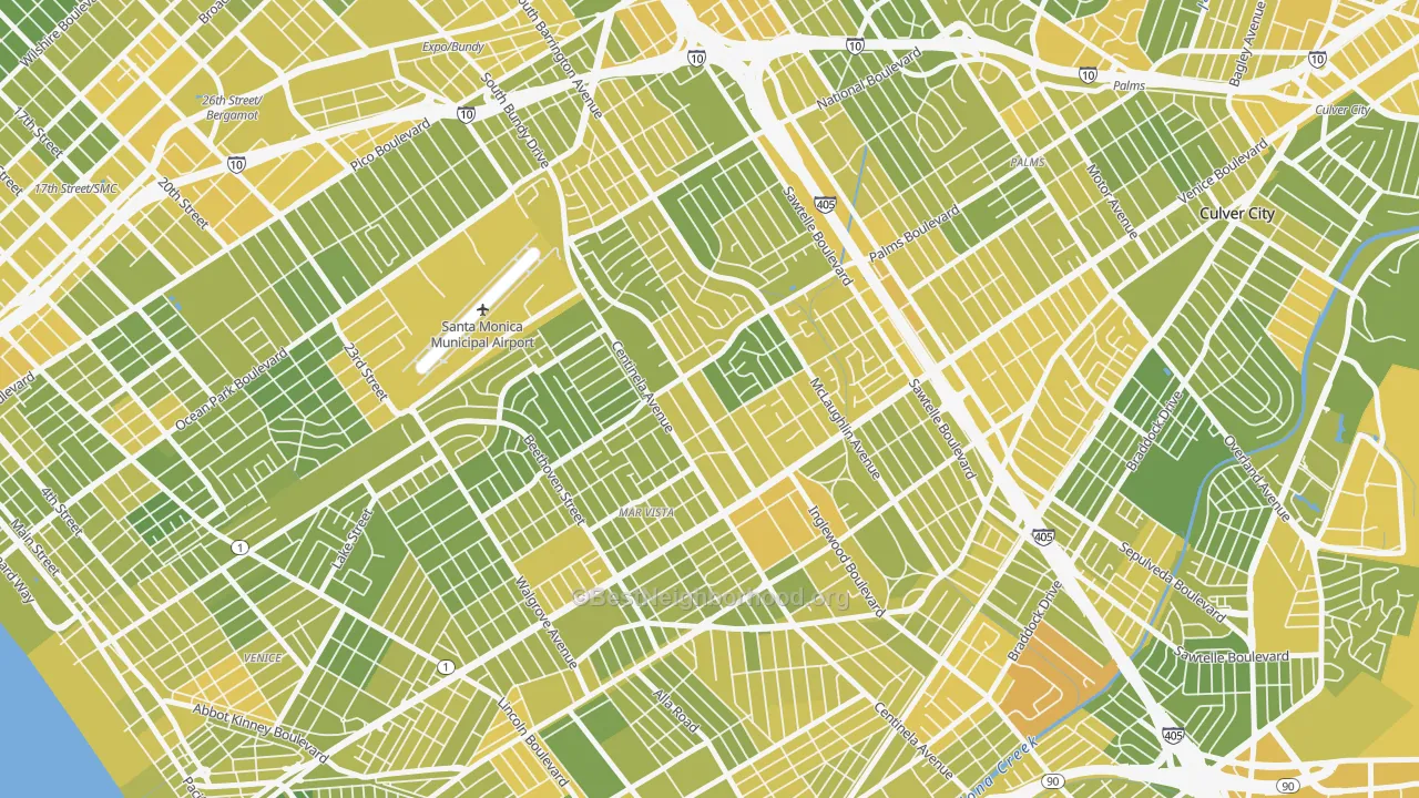 Map of the best neighborhoods in the Mar Vista, Los Angeles area, with better matches in green and worse matches in red