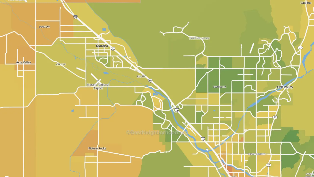 Map of the best neighborhoods in the Marana area, with better matches in green and worse matches in red