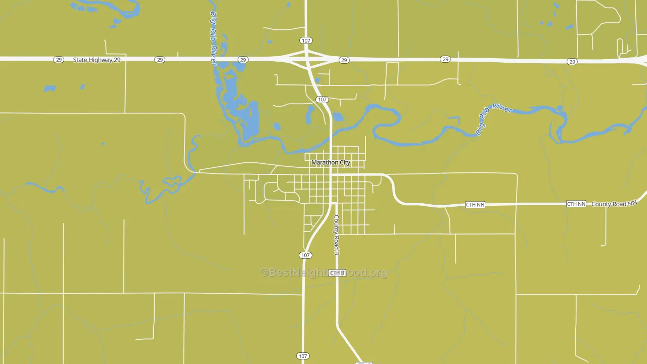 Map of the best neighborhoods in the Marathon City area, with better matches in green and worse matches in red