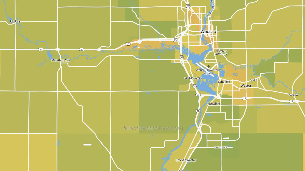 Map of the best neighborhoods in the Marathon County area, with better matches in green and worse matches in red