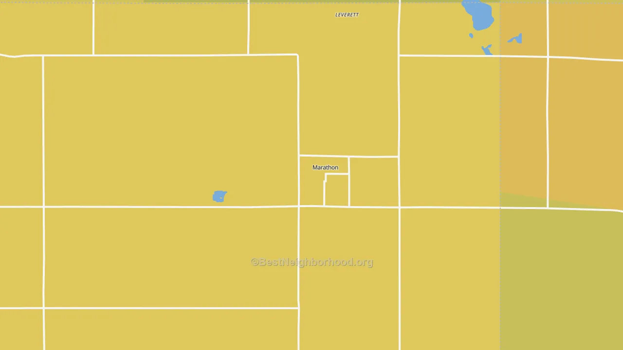 Map of the best neighborhoods in the Marathon area, with better matches in green and worse matches in red