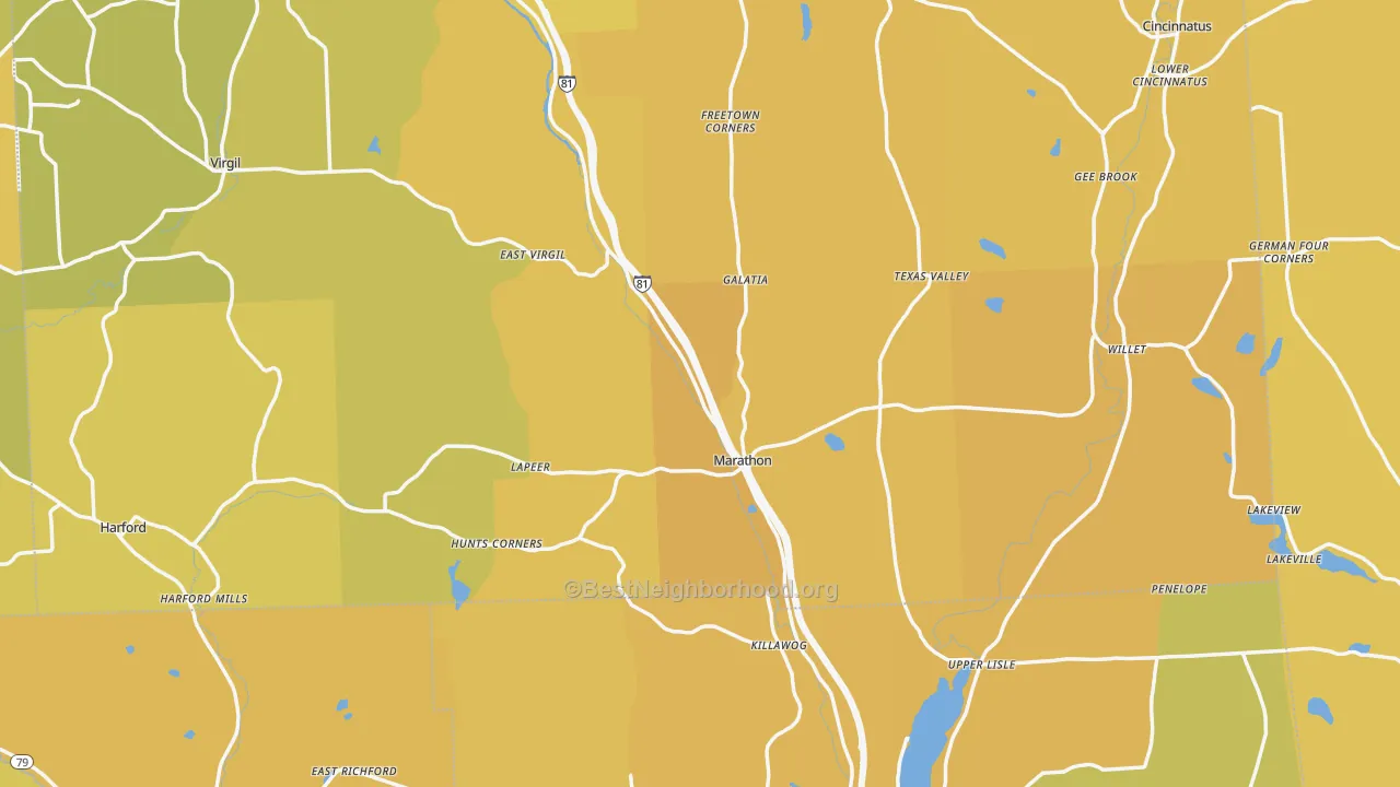 Map of the best neighborhoods in the Marathon area, with better matches in green and worse matches in red