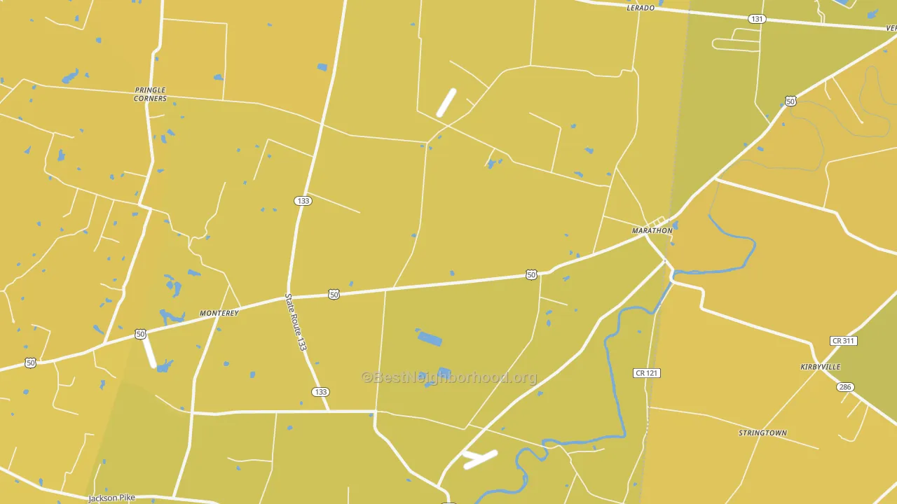 Map of the best neighborhoods in the Marathon area, with better matches in green and worse matches in red
