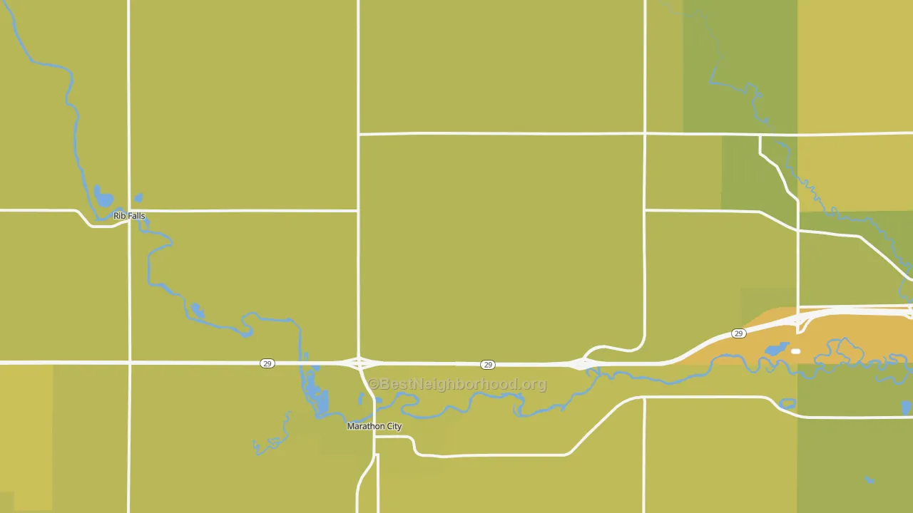 Map of the best neighborhoods in the Marathon area, with better matches in green and worse matches in red