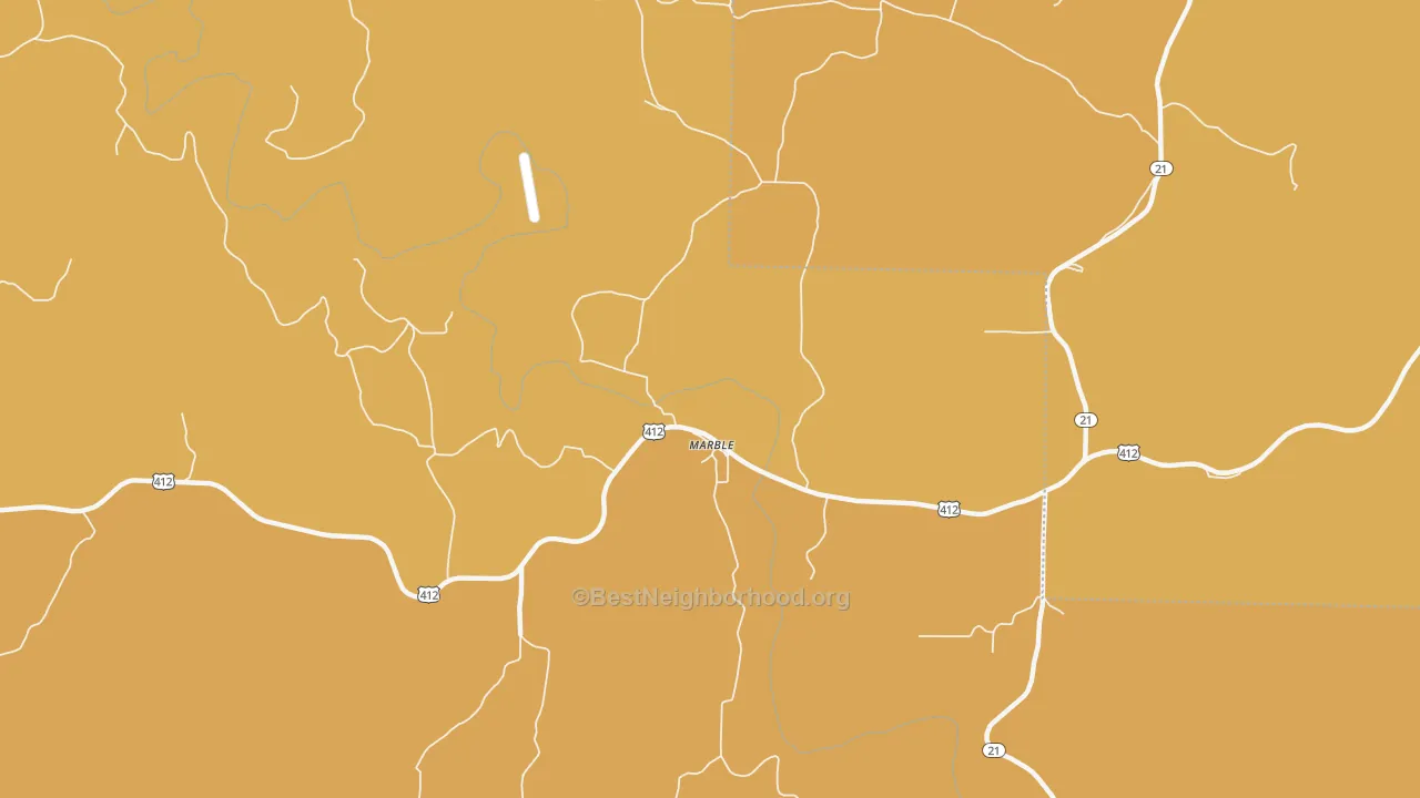 Map of the best neighborhoods in the Marble area, with better matches in green and worse matches in red