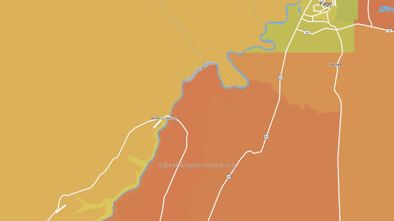 Map of the best neighborhoods in the Marble Canyon area, with better matches in green and worse matches in red