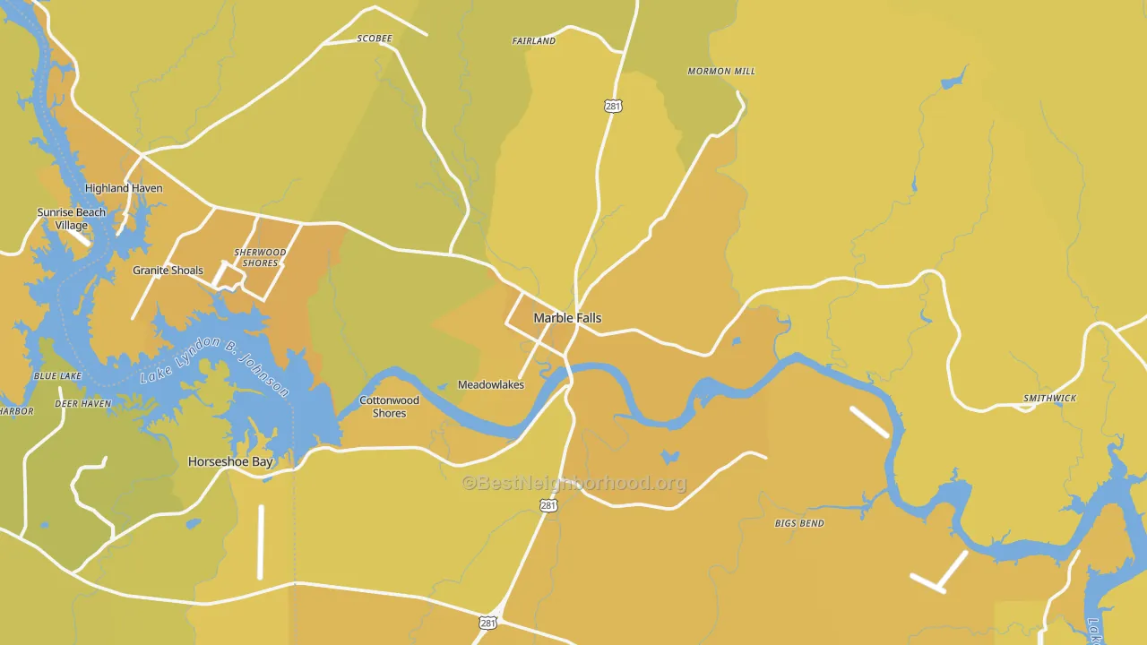 Map of the best neighborhoods in the Marble Falls area, with better matches in green and worse matches in red