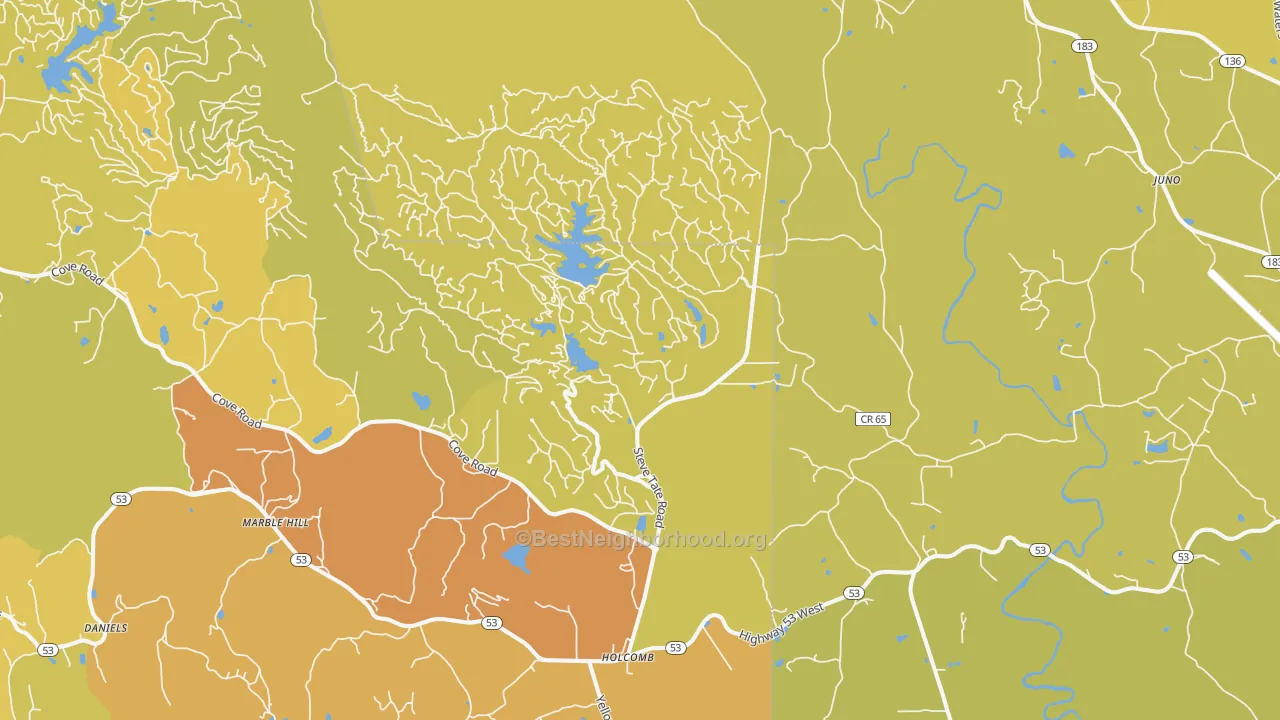 Map of the best neighborhoods in the Marble Hill area, with better matches in green and worse matches in red