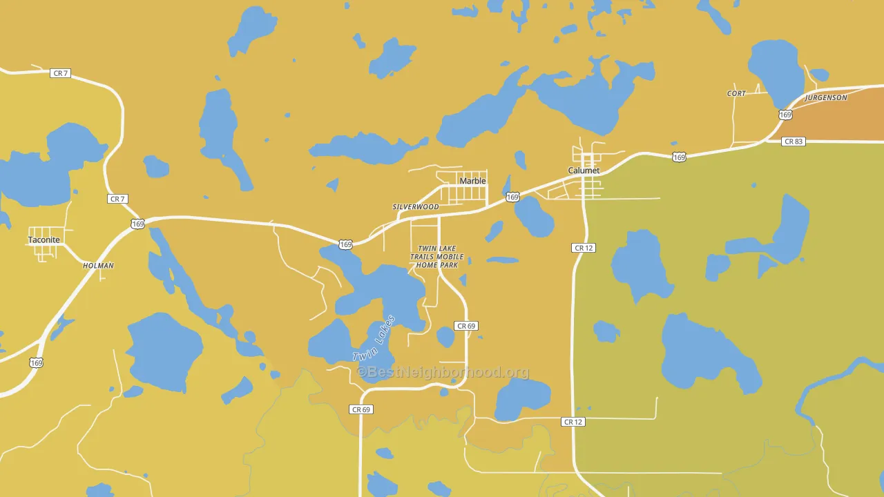 Map of the best neighborhoods in the Marble area, with better matches in green and worse matches in red