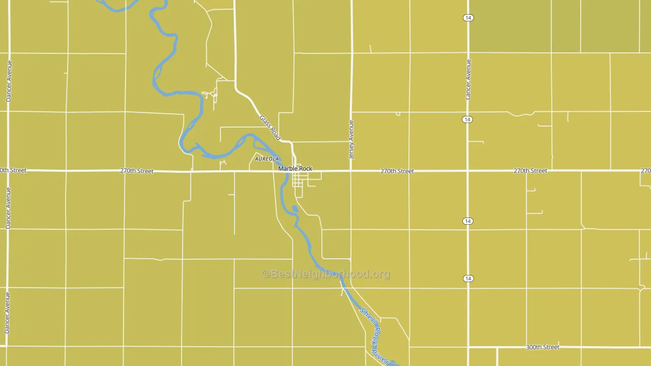 Map of the best neighborhoods in the Marble Rock area, with better matches in green and worse matches in red
