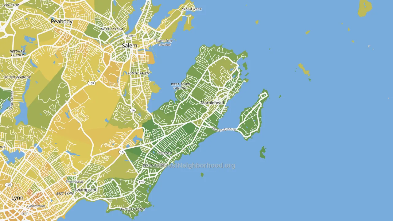 Map of the best neighborhoods in the Marblehead area, with better matches in green and worse matches in red