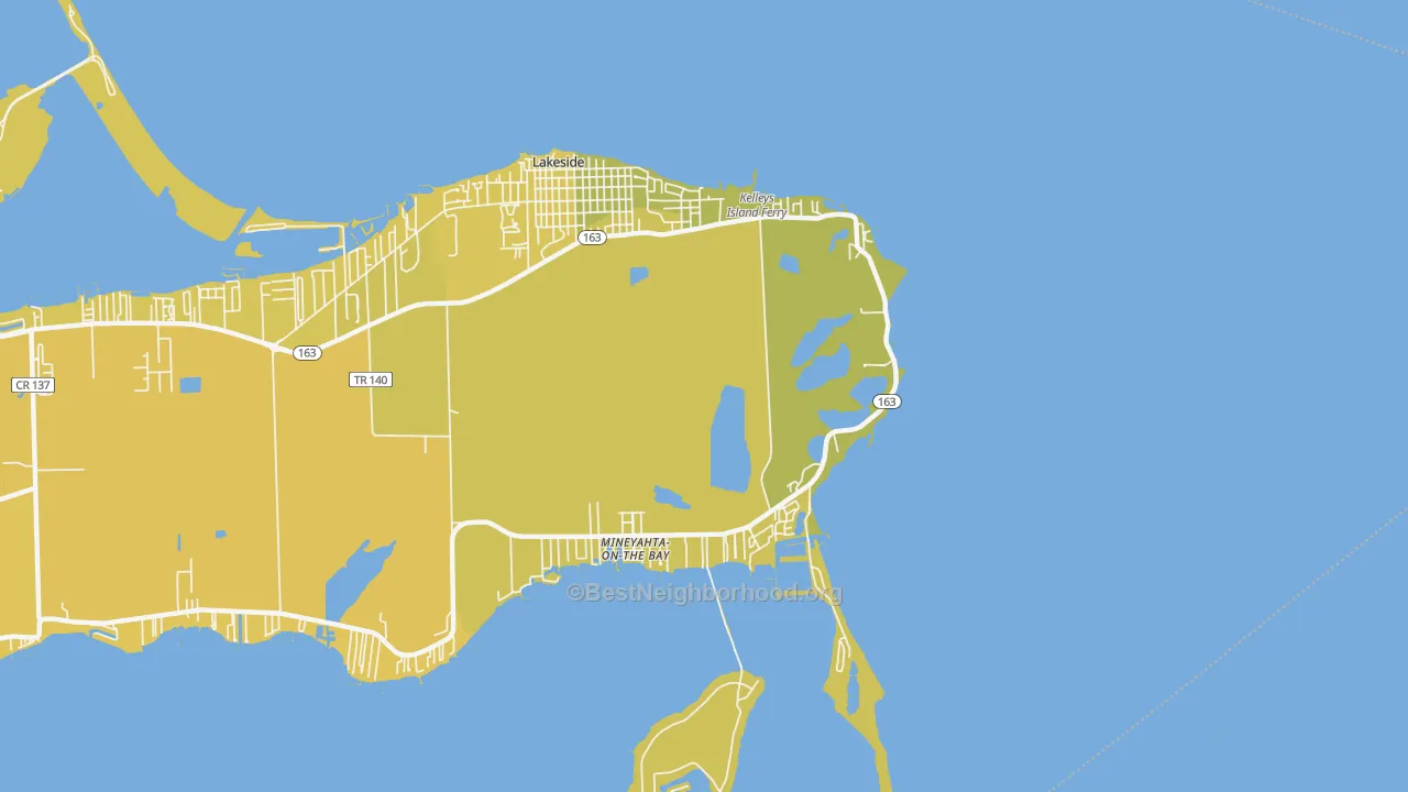 Map of the best neighborhoods in the Marblehead area, with better matches in green and worse matches in red