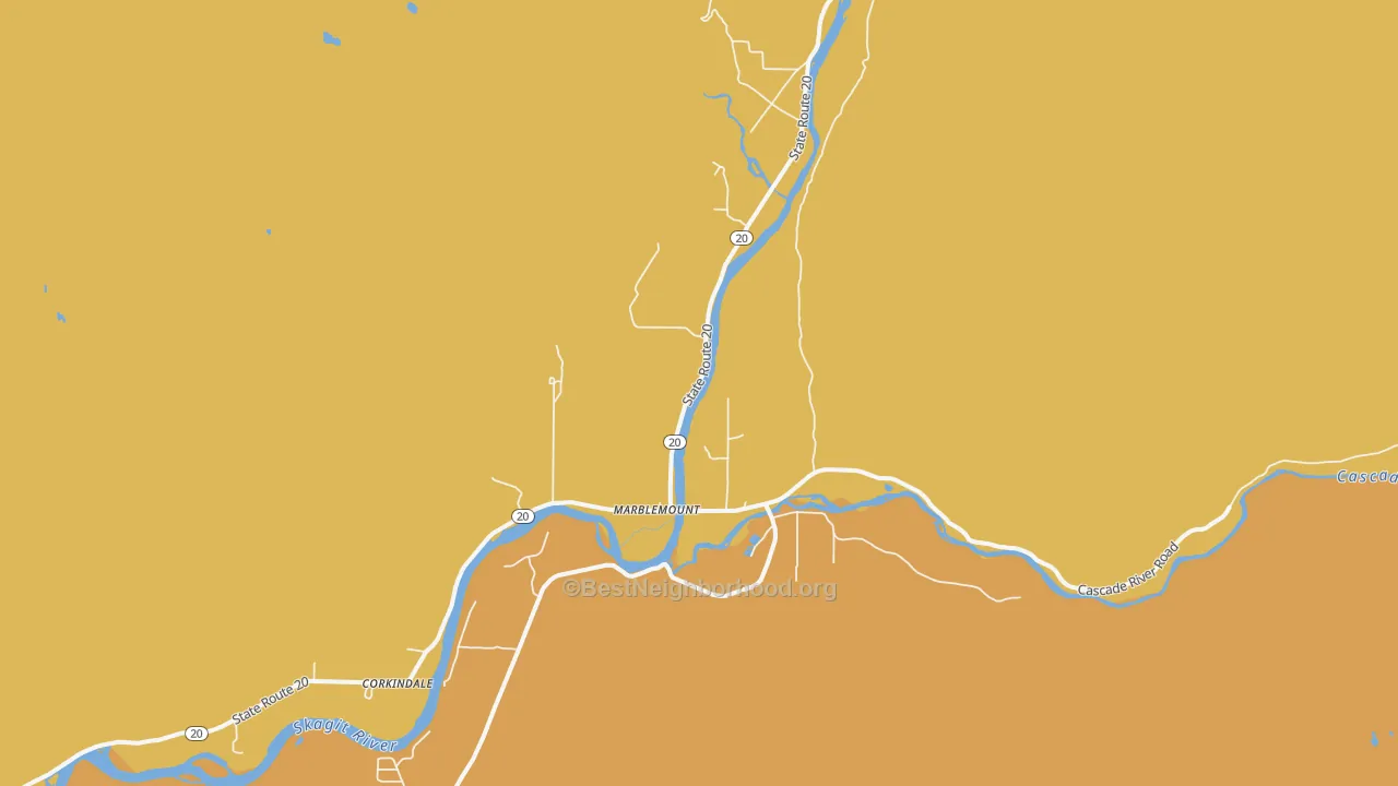 Map of the best neighborhoods in the Marblemount area, with better matches in green and worse matches in red