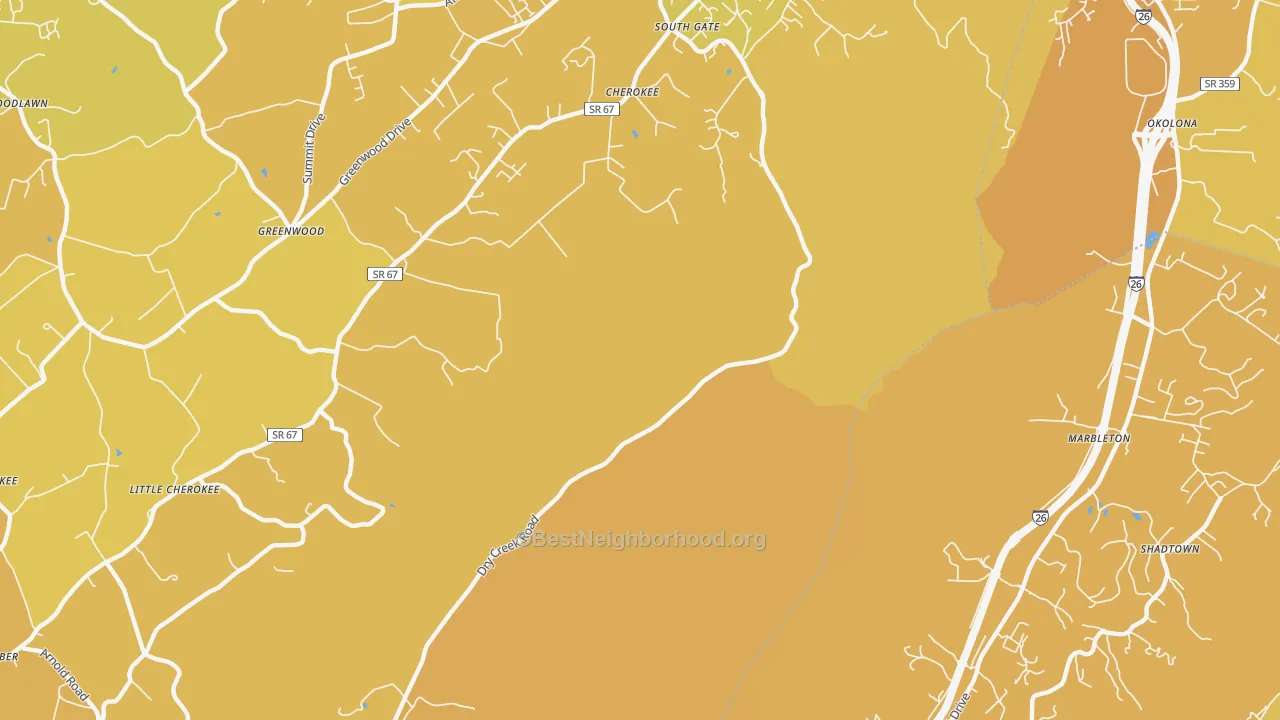 Map of the best neighborhoods in the Marbleton area, with better matches in green and worse matches in red