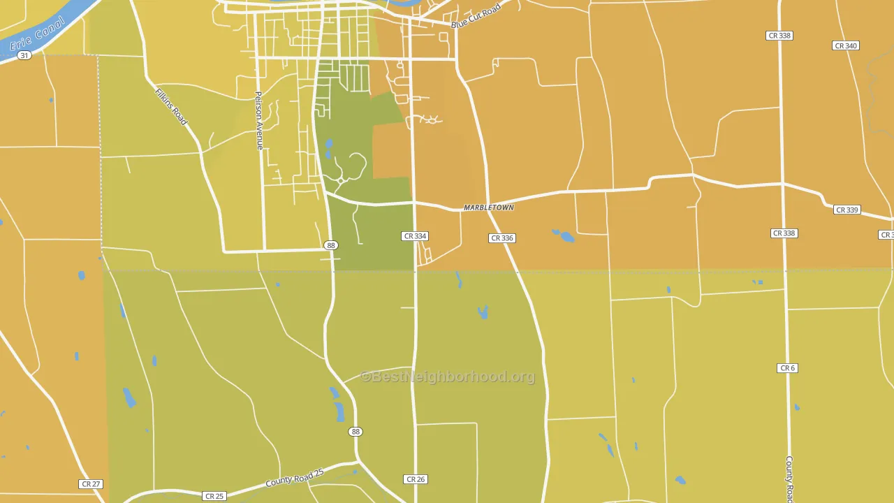 Map of the best neighborhoods in the Marbletown area, with better matches in green and worse matches in red