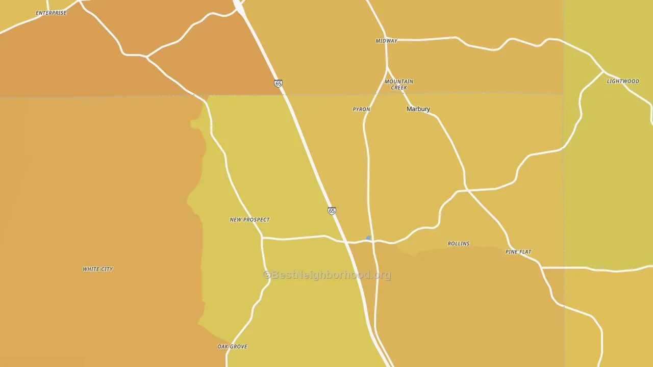 Map of the best neighborhoods in the Marbury area, with better matches in green and worse matches in red