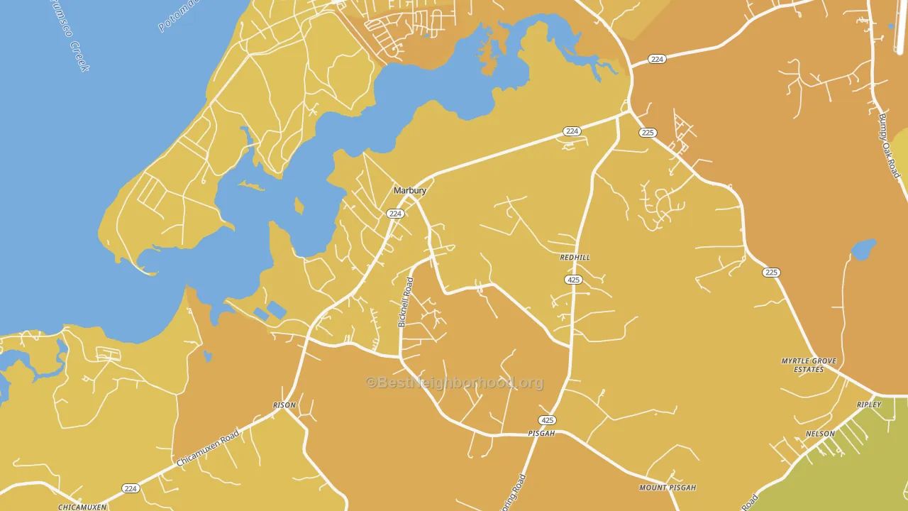 Map of the best neighborhoods in the Marbury area, with better matches in green and worse matches in red