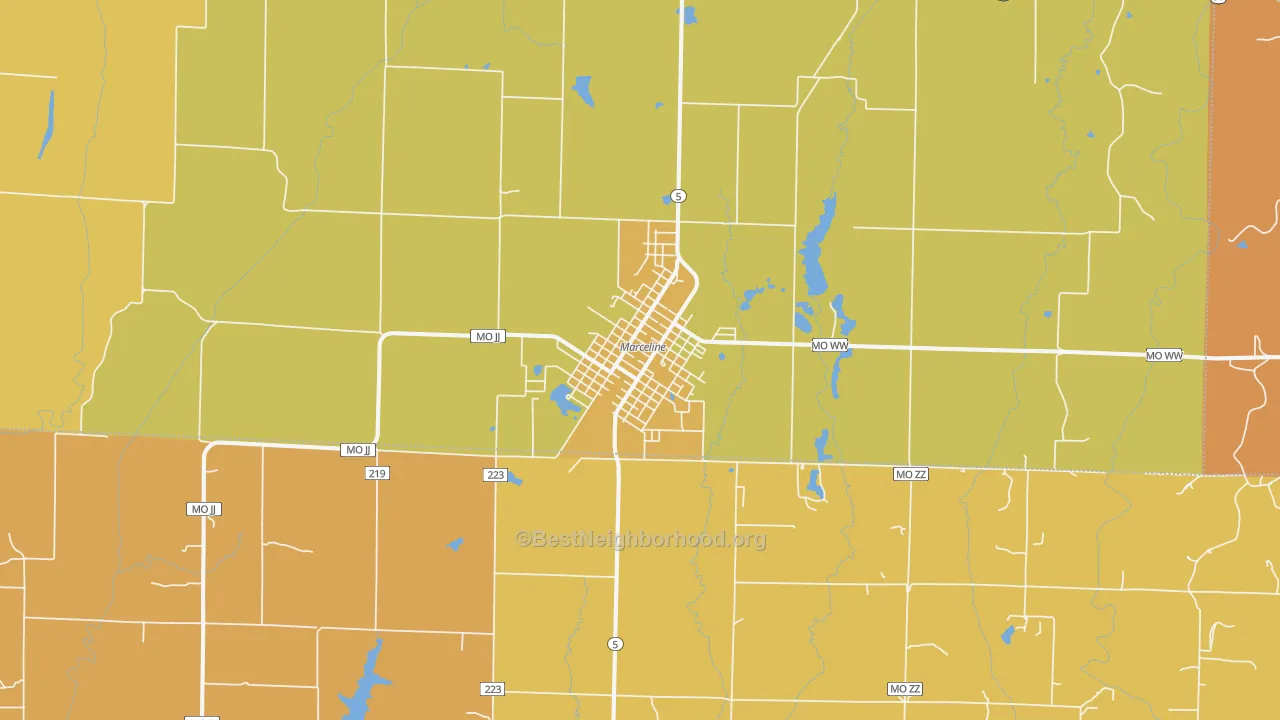 Map of the best neighborhoods in the Marceline area, with better matches in green and worse matches in red