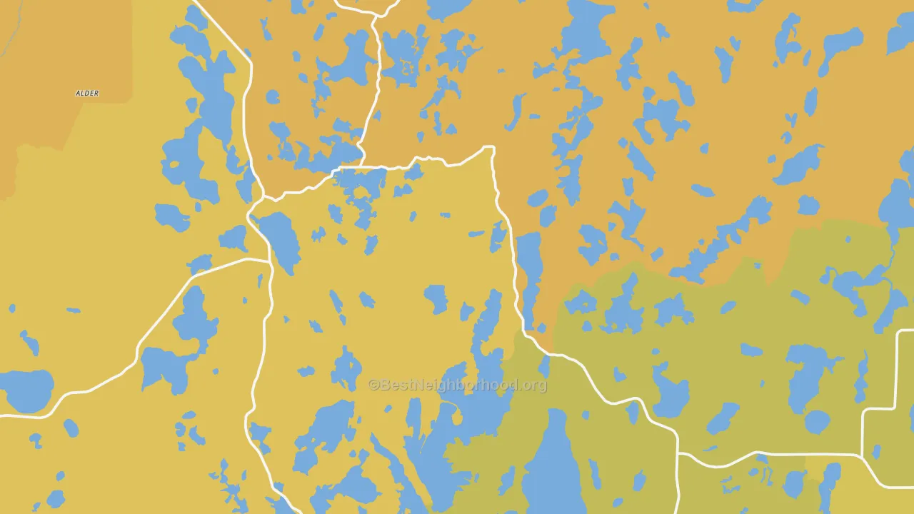 Map of the best neighborhoods in the Marcell area, with better matches in green and worse matches in red