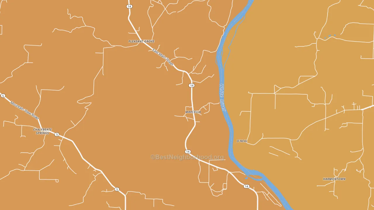 Map of the best neighborhoods in the Marcella area, with better matches in green and worse matches in red