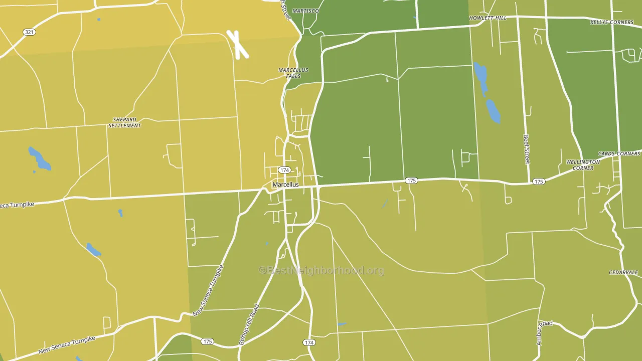 Map of the best neighborhoods in the Marcellus area, with better matches in green and worse matches in red