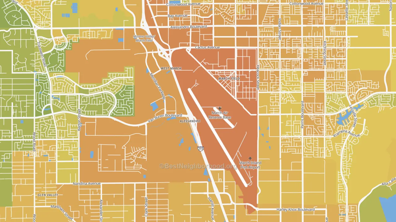 Map of the best neighborhoods in the March ARB area, with better matches in green and worse matches in red