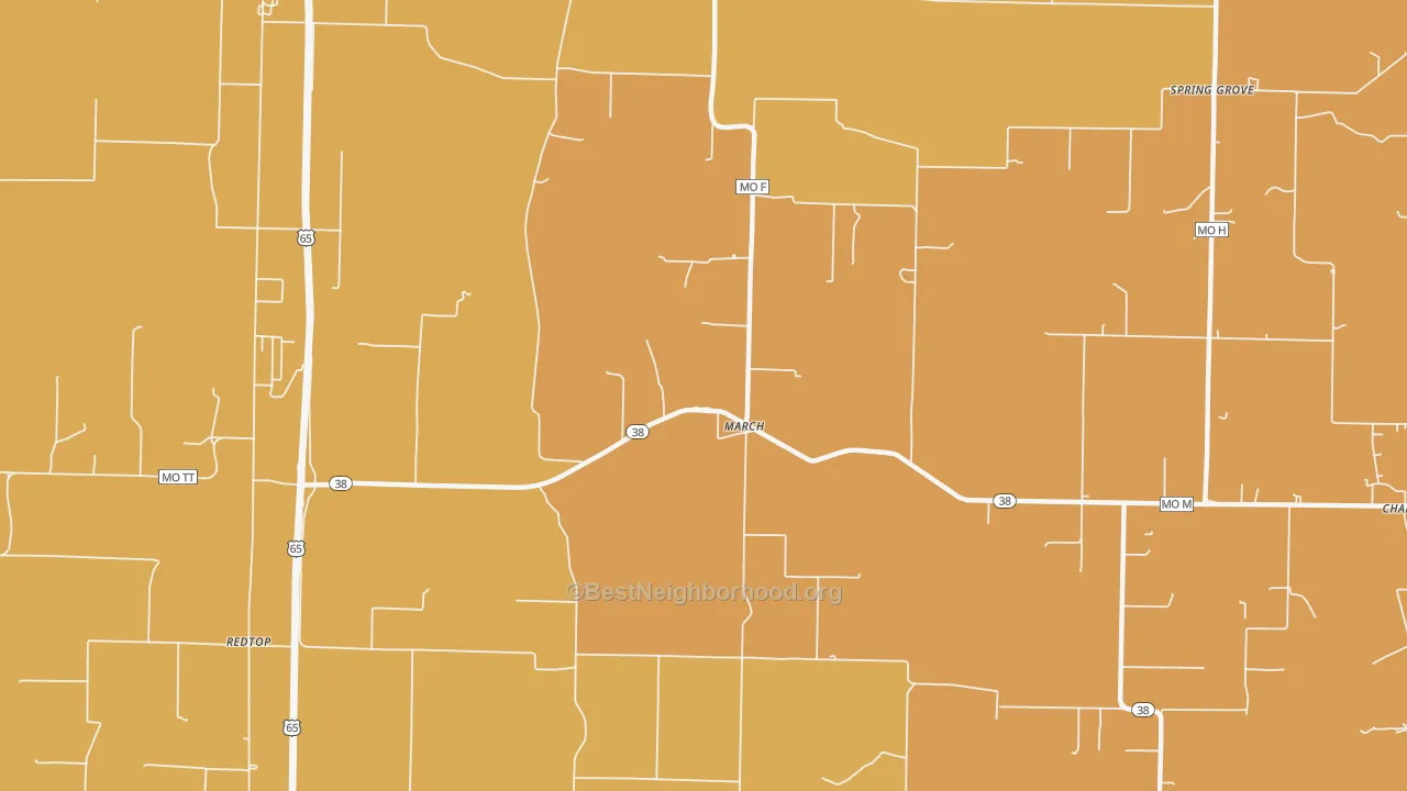Map of the best neighborhoods in the March area, with better matches in green and worse matches in red