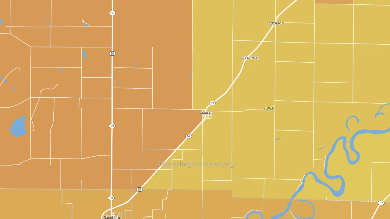 Map of the best neighborhoods in the Marco area, with better matches in green and worse matches in red