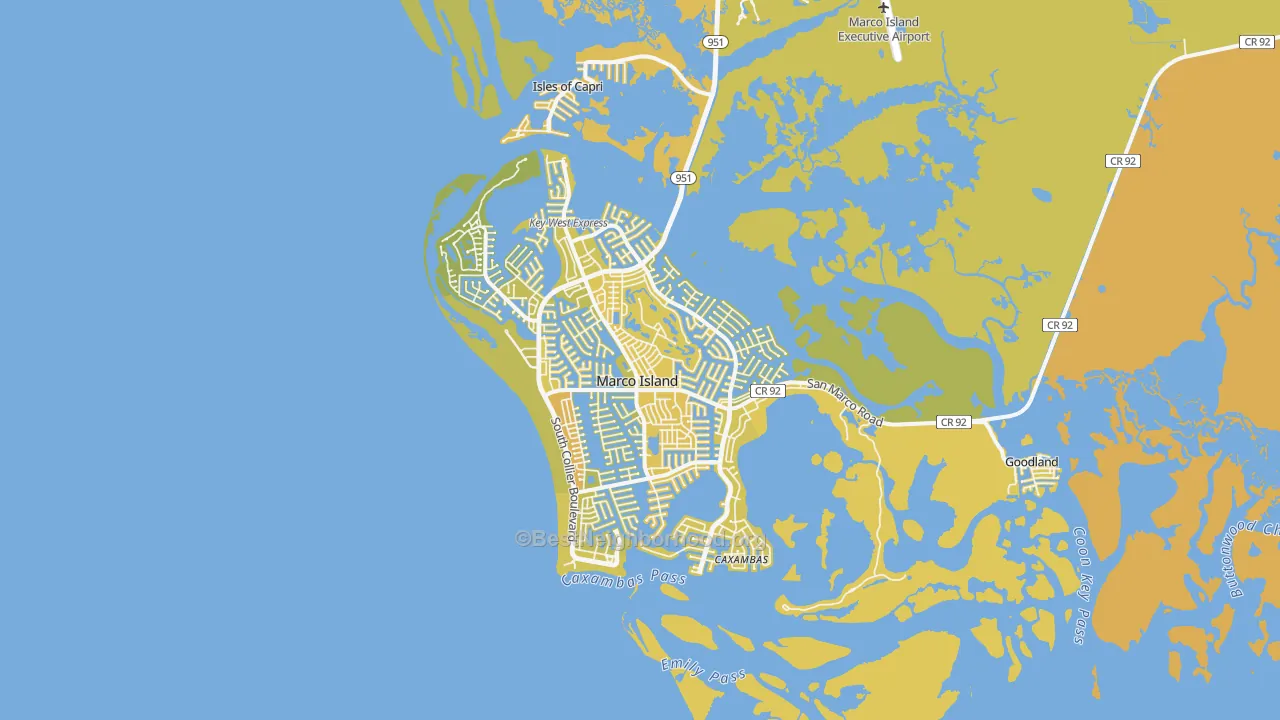 Map of the best neighborhoods in the Marco Island area, with better matches in green and worse matches in red