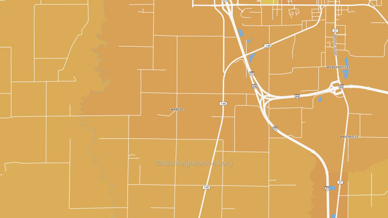 Map of the best neighborhoods in the Marcoe area, with better matches in green and worse matches in red