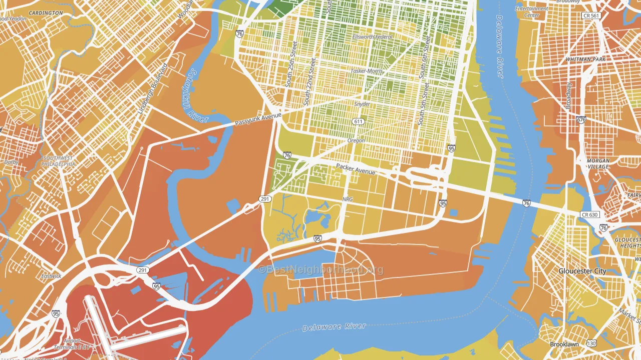 Map of the best neighborhoods in the Marconi Plaza-Packer Park, Philadelphia area, with better matches in green and worse matches in red